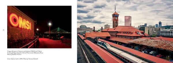 On the left, a glowing OMSI sign lights up the night walkway; on the right, Union Station's clock tower and train platforms stand against Portland’s cityscape by day. Featured in "Greater Portland, Oregon" by Schiffer Publishing, Ltd.