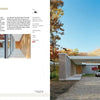 Two-page magazine spread from Schiffer Publishing, Ltd.’s "Auto-tecture" features a modern flat-roofed home with wood and glass walls in an autumn setting. Left page shares creative car storage ideas; right shows the house next to a red-leaved tree.