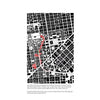 A black-and-white map of San Francisco’s Central Freeway area from "Housing and the City" by Schiffer Publishing, Ltd., with a red-highlighted route and small text on its urban history and Daniel Solomon’s planning and affordable housing work.