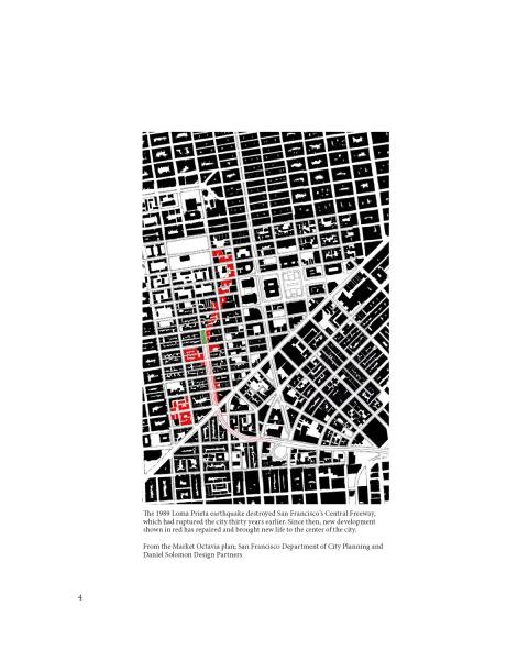 A black-and-white map of San Francisco’s Central Freeway area from "Housing and the City" by Schiffer Publishing, Ltd., with a red-highlighted route and small text on its urban history and Daniel Solomon’s planning and affordable housing work.