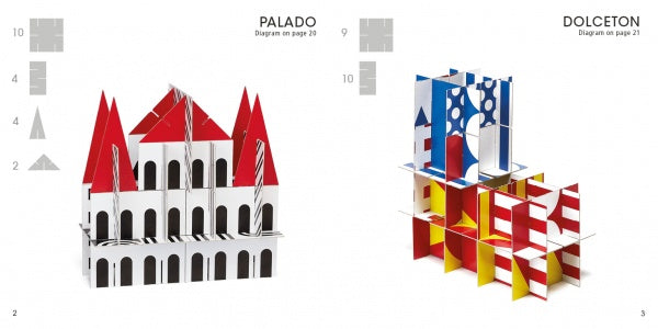 ArchiTek by Schiffer Publishing, Ltd. features two vibrant modular paper buildings—a white one with red triangular roofs and another with blue, red, and yellow patterns—each labeled with instruction page numbers for kids.