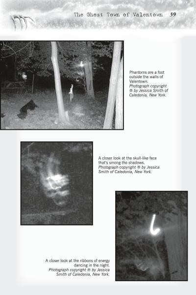 A black-and-white page from Schiffer Publishing, Ltd.'s Haunted Finger Lakes shows three night photos by Jessica Smith in Caledonia near the region, with captions describing ghostly figures and energy ribbons among trees.