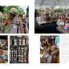 A two-page spread in Celebrating MacKenzie-Childs by Schiffer Publishing, Ltd. shows festival attendees in hats and sundresses, vibrant checkered pottery inspired by MacKenzie-Childs, and shelves of stacked ceramics under a large event tent.