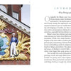 Close-up photo of a decorative wooden carving with two life-sized figures, a gold moose, and a DIRIGO banner, beside an introduction to "Coastal Maine" by Schiffer Publishing, Ltd., showcasing a photographic journey along Maine's coast.