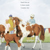 In this picture book scene from "Wild Colt" by Schiffer Publishing, Ltd., a brown and white mare and foal, resembling Chincoteague ponies, walk a country fair path with children and adults as colorful pennant flags hang nearby.