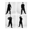 Four black-and-white photos from "Sword Fighting" by Schiffer Publishing, Ltd. show a man in dark clothing demonstrating single-handed sword stances: Right Barrier Guard, Left Barrier Guard, Key, and Hanging Guard, inspired by a medieval manual.