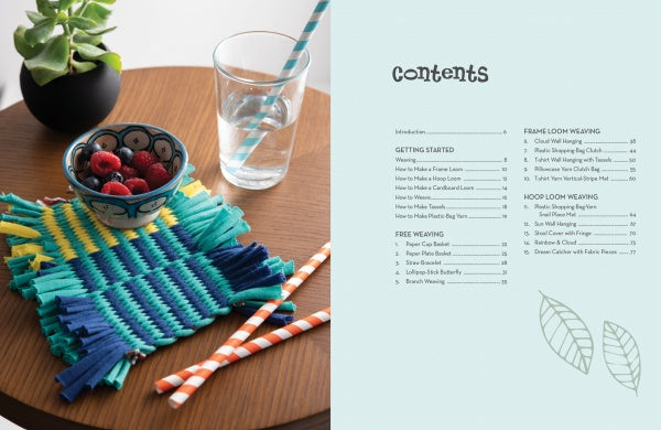 A table featuring a bowl of berries, a glass of water with a striped straw, paper straws, a small potted plant, and colorful mats crafted from "Weave It!" by Schiffer Publishing, Ltd., sits beside a contents page with section titles and page numbers.
