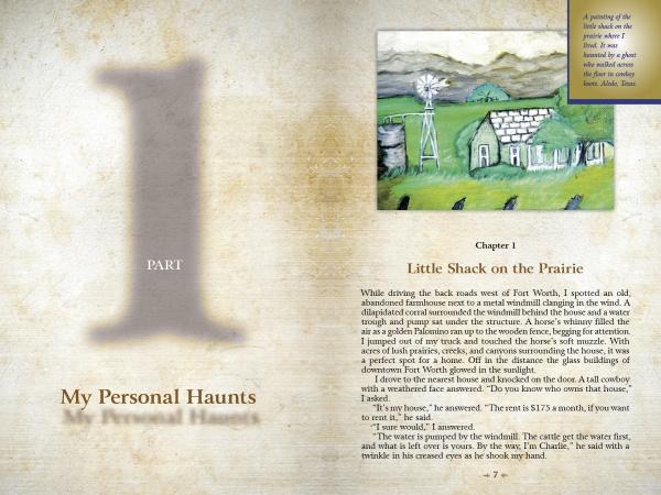 A spread from Spirit Magnet In Texas by Schiffer Publishing, Ltd. shows “Part 1: My Personal Haunts” on the left, and chapter 1, “Little Shack on the Prairie,” on the right, with an illustration of a green house, windmill, trees, and hills.