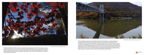 A vibrant, close-up of red autumn leaves and the Hudson River flowing under a steel bridge, with New York’s fall foliage reflected in the water—Schiffer Publishing, Ltd.'s "Hudson Valley Reflections" captures the perfect travel guide scene.