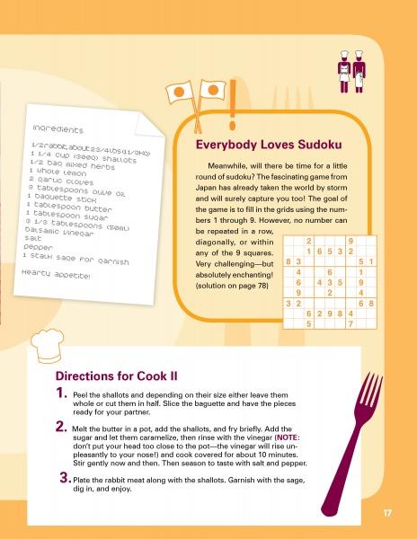 Cooking Together by Schiffer Publishing, Ltd. is a recipe page with a sudoku puzzle, handwritten ingredient list, and illustrated steps in orange and yellow, plus chef and flag graphics—perfect for interactive cooking.