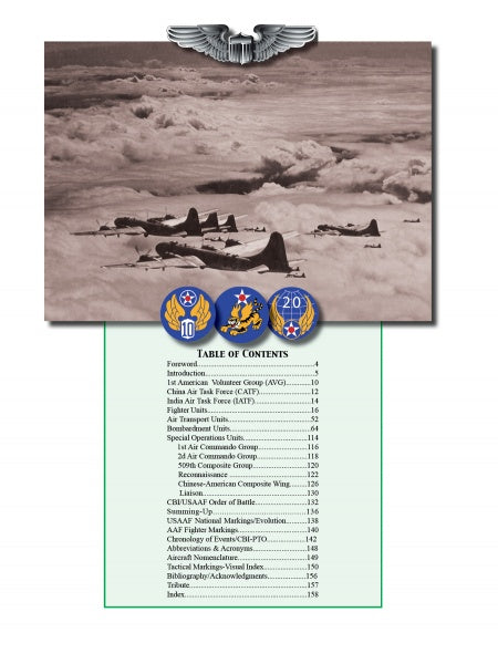 Black and white photo of military planes over clouds with insignia highlights U.S. Army Air Forces combat groups featured in Battle Colors Volume VI by Schiffer Publishing, Ltd.—showing WWII China-Burma-India Theater aircraft markings.