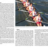 In white Stanford uniforms, a rowing team glides in sync, their oars dipping together—capturing the spirit featured in Schiffer Publishing, Ltd.’s “A History of Collegiate Rowing in America,” with text blocks on Stanford and UCLA rowing visible.