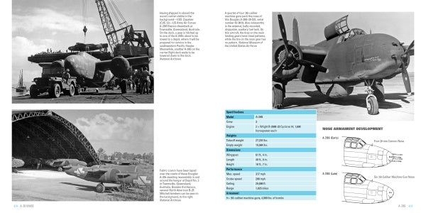A mixed black-and-white and color image from Schiffer Publishing, Ltd.'s A-20 Havoc shows WWII military aircraft: one A-20 loaded onto a truck, several by a hangar, close-ups, and diagrams of Douglas Boston nose development.