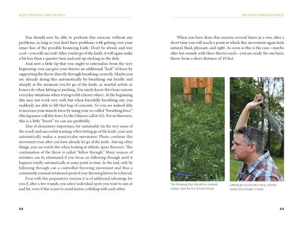 A book spread from "Knife Throwing Like the Pros" by Schiffer Publishing, Ltd. features instructions on breathing techniques with two photos: a straw target outdoors and a man drawing a bow outside—great for perfecting knife throwing skills.