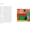 Two-page spread from "Back Roads of the Great Plains" by Schiffer Publishing, Ltd.: Left page offers an intro; right page shows a photo of a green vintage storefront labeled COMMERCE with old gas pumps—ideal for Route 66 and landscape photography fans.