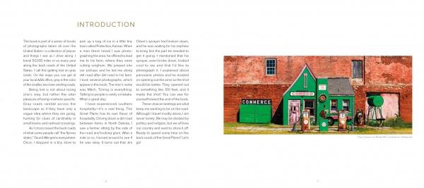 Two-page spread from "Back Roads of the Great Plains" by Schiffer Publishing, Ltd.: Left page offers an intro; right page shows a photo of a green vintage storefront labeled COMMERCE with old gas pumps—ideal for Route 66 and landscape photography fans.