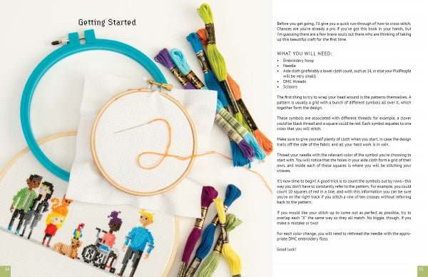The PixlPeople cross-stitch kit from Schiffer Publishing, Ltd. includes an embroidery hoop with fabric, orange thread, colorful floss, a personalized cartoon people pattern, plus instructions and a supply list for starting embroidery.