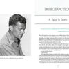 A black-and-white profile photo of a man appears on the left page. On the right, “A Spy Is Born” is introduced with a quote and two columns about James Bond, the famed ornithologist, from The Real James Bond by Schiffer Publishing, Ltd.