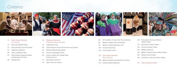 A contents page for *Celebrating Cape Cod & the Islands* by Schiffer Publishing, Ltd., listing festival names and page numbers. Above, photos show people in traditional costumes, Cape Cod food, wine bottles, and a feathered headdress on a light blue and white background.