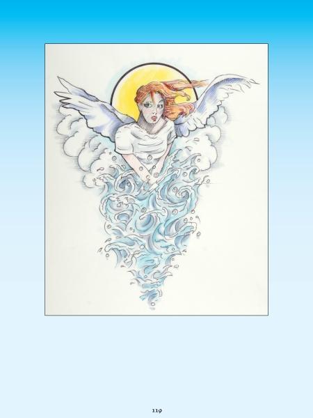 Spider Webb's Angels by Schiffer Publishing, Ltd. features a female angel with white wings and red hair rising from swirling blue water and clouds, a sun halo behind her, all on a light blue background inspired by tattoo art.