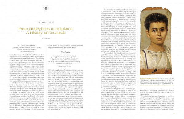 A two-page spread from "Encaustic Art in the Twenty-First Century" by Schiffer Publishing, Ltd. explores encaustic art history, featuring a right-page portrait of a young person with short dark hair and a light tunic on a brown background.