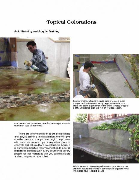 A collage features workers finishing Schiffer Publishing, Ltd.'s Cast-in-Place Concrete Countertops, applying acid and acrylic stains to countertops and a pool edge, showcasing various decorative concrete techniques.