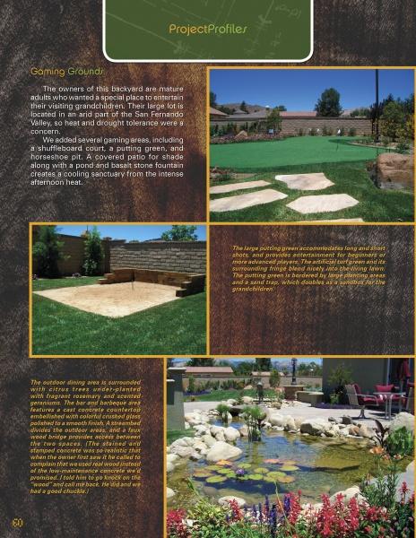 Scott Cohen's Family Friendly Landscapes by Schiffer Publishing, Ltd. features a landscaped backyard with green lawns, a sand pit, mountain views, and a pond with waterfall, rocks, and lush plants, plus detailed project descriptions.