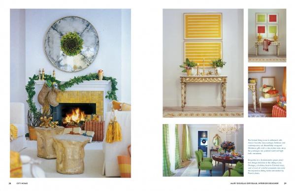 Two pages from "Christmas by Design" by Schiffer Publishing, Ltd. display festive decor: one with a yellow fireplace, round mirror, garland, gold stools; the other highlights green, yellow, and gold accents in stylish rooms.