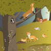 The Forest" by Schiffer Publishing, Ltd. features woodland animals—foxes, badgers, bats, an owl, bees, and a woodpecker—scattered around a tree. Ideal for forest-themed books or as a giant fold-out poster.
