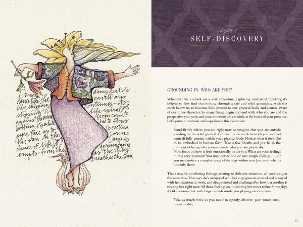 On the left, an illustrated figure with flowing hair and colorful clothes extends their arms. On the right, text from "As You Feel, So You Heal" by Schiffer Publishing discusses self-discovery and offers journaling prompts for healing.