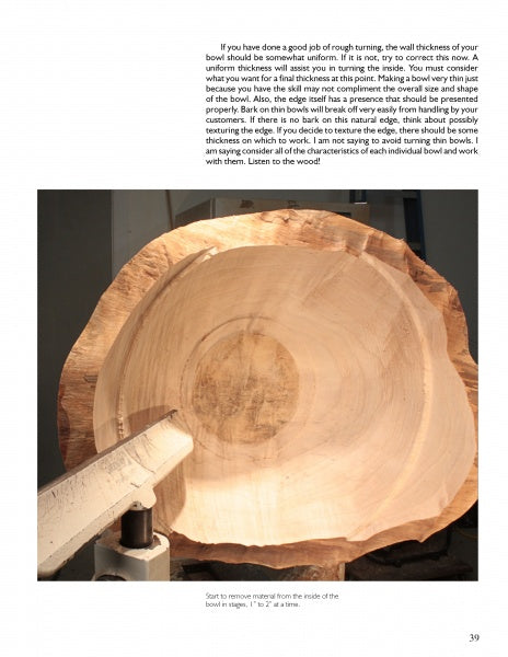 Turning Natural Edge Bowls by Schiffer Publishing, Ltd. features a large, unfinished natural edge bowl on a lathe, with a tool extended inside, ready to shape the bowl during the woodturning process.