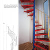 The "Stairways" by Schiffer Publishing, Ltd. features a red spiral staircase with perforated steps, a blue central pole, and yellow handrails in a modern room with wood floors and sheer curtains; a technical drawing is shown on the left.