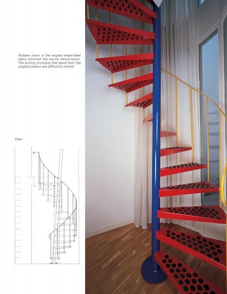 The "Stairways" by Schiffer Publishing, Ltd. features a red spiral staircase with perforated steps, a blue central pole, and yellow handrails in a modern room with wood floors and sheer curtains; a technical drawing is shown on the left.