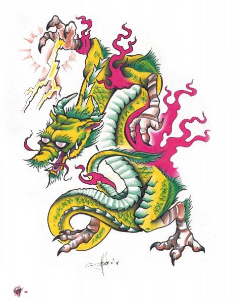 A vivid dragon with green, yellow, and pink scales breathes fire while clutching a lightning bolt amid swirling clouds—a bold tattoo flash design featured in "Life & Death in Tattoo Flash" by Schiffer Publishing, Ltd.