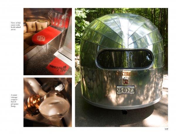 Collage featuring the rear of a shiny vintage Airstream surrounded by trees, its cozy red-bench interior, and a copper-bowl sink—ideal inspiration for Airstreams fans and tiny home lovers. From Schiffer Publishing, Ltd.