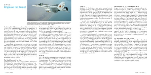 A two-page book spread in "Legacy Hornets" by Schiffer Publishing, Ltd. features a US Navy jet fighter photo and text about the F/A-18's origins, its illustrated history, and related military technology.