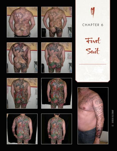 A collage displays Japanese Style Tattoo Art by Schiffer Publishing, Ltd. on a person’s back, torso, and arm at different stages, with the text “Chapter 6 First Suit” shown on the right.