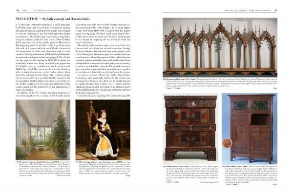 A two-page spread from Schiffer Publishing's "Magnificent 19th Century Furniture": the left page shows text with a garden room painting and a woman's portrait; the right page highlights European antique furniture and historic architectural models.