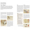 A two-page spread from "Beginning Illumination" by Schiffer Publishing, Ltd. explains gilding binders in medieval art, featuring text, recipes, instructions, tips, and photos showing materials and the gilding process step by step.