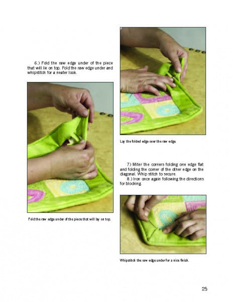 A step-by-step guide from Schiffer Publishing, Ltd.’s "How to Hook Rugs" shows hands folding and stitching green fabric over a colorful rug, with three images demonstrating folding, mitered corners, and securing binding to finish your rug edges.