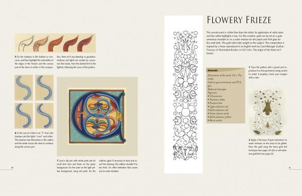 A spread from "Beginning Illumination" by Schiffer Publishing, Ltd. features medieval-inspired decorative letter designs with floral patterns, step-by-step images, materials list, instructions, colorful art, and a black-and-white border motif.