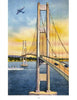 Bridges: A Postcard History" by Schiffer Publishing, Ltd. features vintage illustrations of landmark bridges, including suspension spans over water with cars, boats below, and planes flying in vibrant blue and yellow skies.