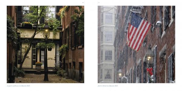 Left: A quiet alley with greenery and double doors. Right: A snowy Boston street with an American flag on a red brick building—classic Boston scenes from the "Boston" photo book by Schiffer Publishing, Ltd.