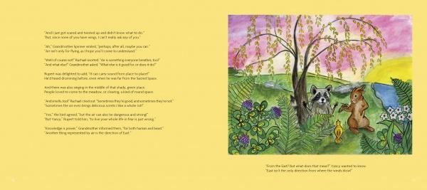 A vibrant illustration for Rupert's Tales by Schiffer Publishing, Ltd. shows a raccoon, bunny, and yellow bird under a willow tree amid grass, hills, flowers, and a river with children's adventure stories text on a yellow background to the left.