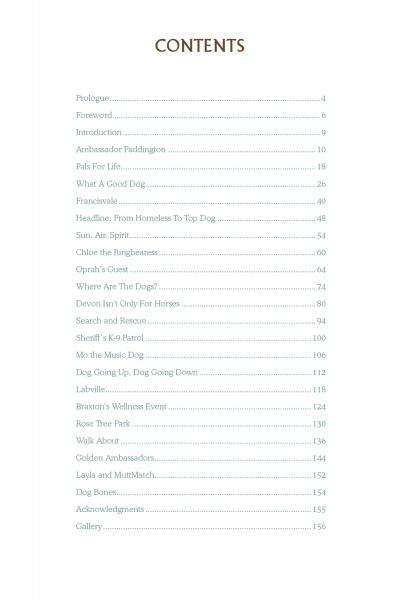 The table of contents for Ambassador Dogs by Schiffer Publishing, Ltd. lists chapters such as “What A Good Dog,” “Oprah’s Guest,” “Sheriff’s K-9 Patrol,” “Rescue Tree Park,” and “Gallery” with their page numbers.