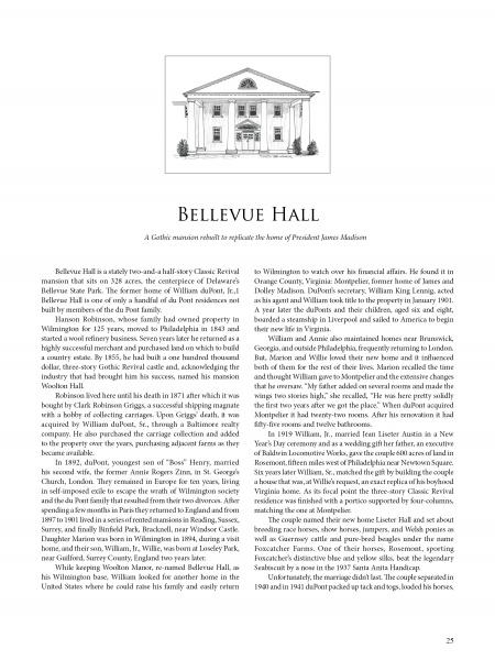A page from "Chateau Country" by Schiffer Publishing, Ltd. shows an illustration of Bellevue Hall, a notable du Pont estate in Brandywine Valley, with text describing its history, architecture, and residents in black on a white background.