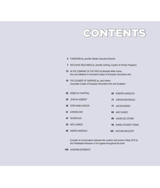 A table of contents page with the heading CONTENTS, listing foreword, essays, contributors, and acknowledgments—ideal for an art catalog like "From Storage to Studio" by Schiffer Publishing, Ltd.—on a light gray background.