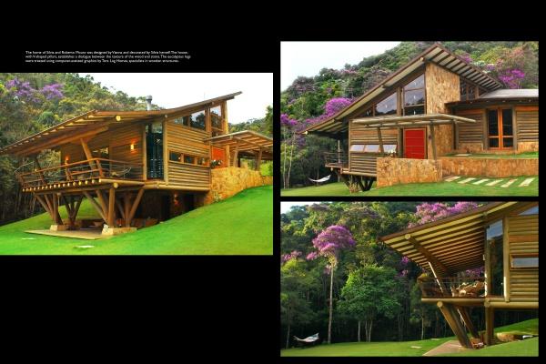 Showcasing "The Art of Brazilian Architecture" by Schiffer Publishing, Ltd.: a timber and stone house with large windows and slanted roofs, surrounded by lush grass and purple-flowered trees, presented from multiple angles.