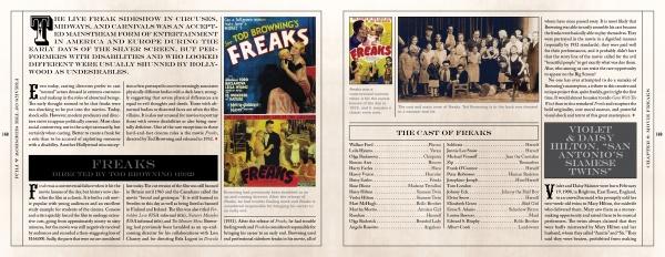 The open pages of "Freaks of Sideshow and Film" by Schiffer Publishing, Ltd. showcase vintage posters, photos from the film Freaks, a cast list, text blocks, and content on conjoined twins Violet and Daisy Hilton in a sepia circus-themed layout.