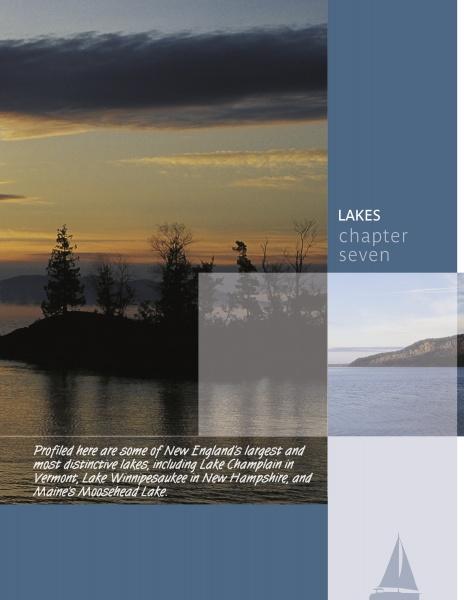 A scenic page in Schiffer Publishing, Ltd.'s "New England's Natural Wonders" shows two lake photos—one at sunset, one by day—framed by trees and mountains, with a caption on top New England spots for nature photography.